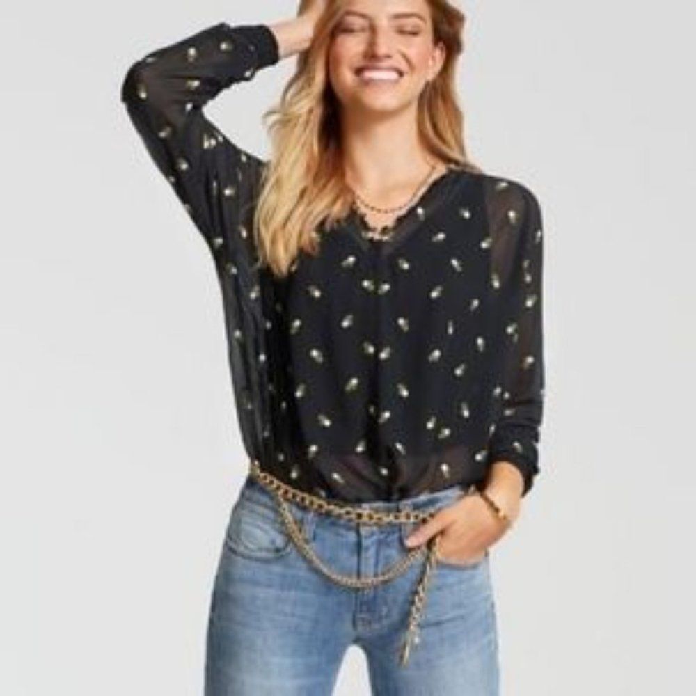 CABI Alegria Floral Embroidered Blouse Black and White Sz L #5338 EUC
